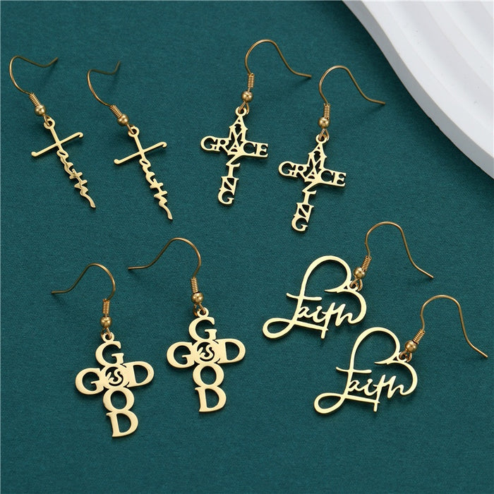 Luxury Stainless Steel Letter Cross Heart Faith Grace Dangle Hook Earrings For Women Elegant Earrings