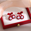 Vintage Burgundy Flocked Cherry Faux Pearl Studs Sweet Girls Autumn Winter Elegant Statement Earrings view 1