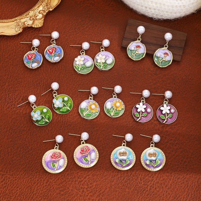 French Monet Garden Colorful Enamel Drip Flower Dangle Earrings For Women