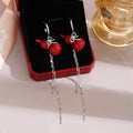Vintage New Chinese Red Gourd Enamel Bow Rhinestone Long Chain Tassel Silver Needle Drop Earrings view 4