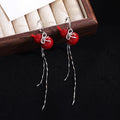 Vintage New Chinese Red Gourd Enamel Bow Rhinestone Long Chain Tassel Silver Needle Drop Earrings view 3