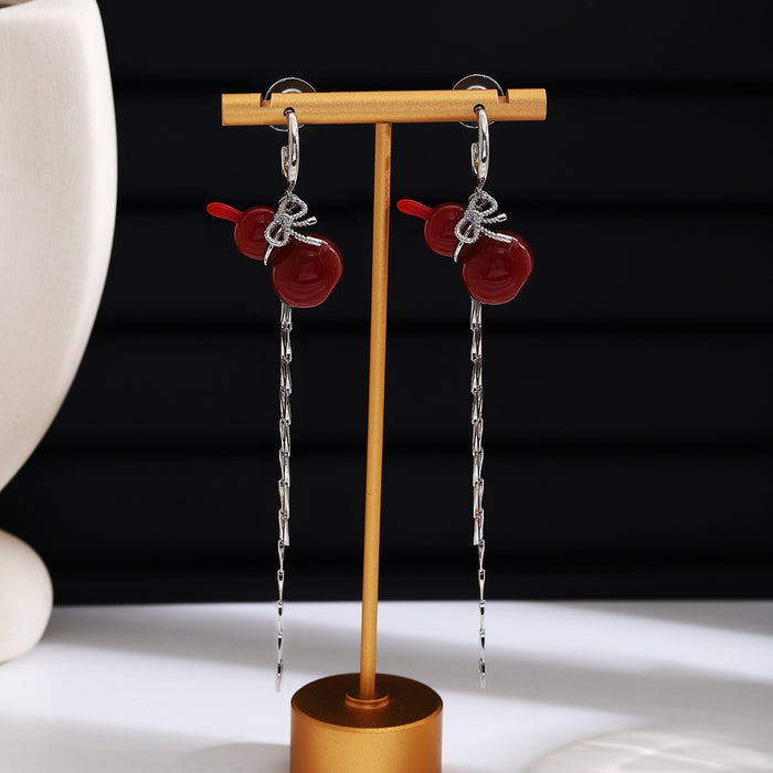 Vintage New Chinese Red Gourd Enamel Bow Rhinestone Long Chain Tassel Silver Needle Drop Earrings