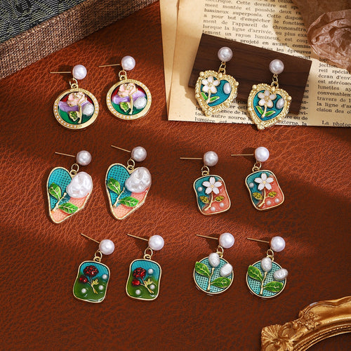 French Colorful Enamel Flower Baroque Pearl Drop Earrings Light Luxury Garden Style Jewelry