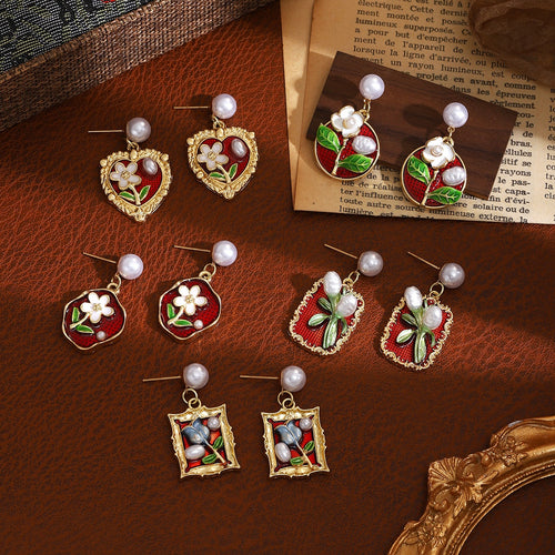 French Colorful Enamel Flower Baroque Pearl Drop Earrings Light Luxury Garden Style Jewelry