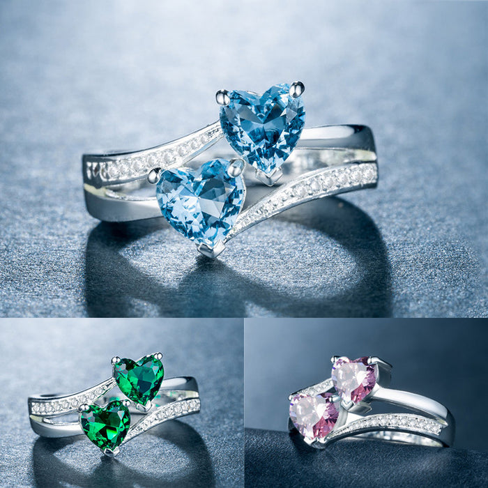 Double Heart Split-Shank Ring In Seven Stone Colors