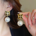 Vintage Geometric Square Faux Pearl Rhinestone Stud Earrings With Silver Needle Posts view 1