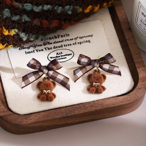 Cute Brown Flocked Teddy Bear With Plaid Bow Alloy Stud Drop Autumn Winter Women's Fashion Earrings