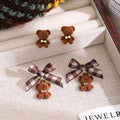 Cute Brown Flocked Teddy Bear With Plaid Bow Alloy Stud Drop Autumn Winter Women's Fashion Earrings view 1