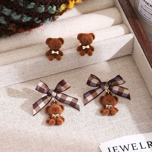 Cute Brown Flocked Teddy Bear With Plaid Bow Alloy Stud Drop Autumn Winter Women's Fashion Earrings