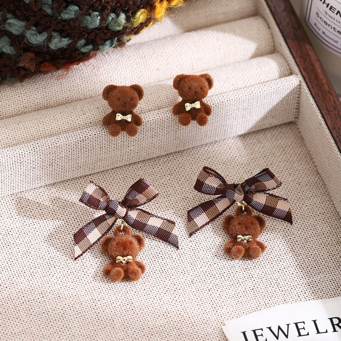 Cute Brown Flocked Teddy Bear With Plaid Bow Alloy Stud Drop Autumn Winter Women's Fashion Earrings