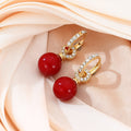 French Vintage Red Bead Pearl Drop Gold Alloy Rhinestone Huggie Hoops Luxury Women's Earrings view 4