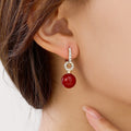 French Vintage Red Bead Pearl Drop Gold Alloy Rhinestone Huggie Hoops Luxury Women's Earrings view 2