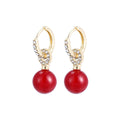French Vintage Red Bead Pearl Drop Gold Alloy Rhinestone Huggie Hoops Luxury Women's Earrings view 5