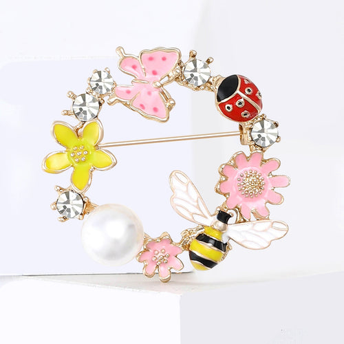 Alloy Pearl Bee Ladybug Wreath Brooch Sweet Lapel Pin For Women