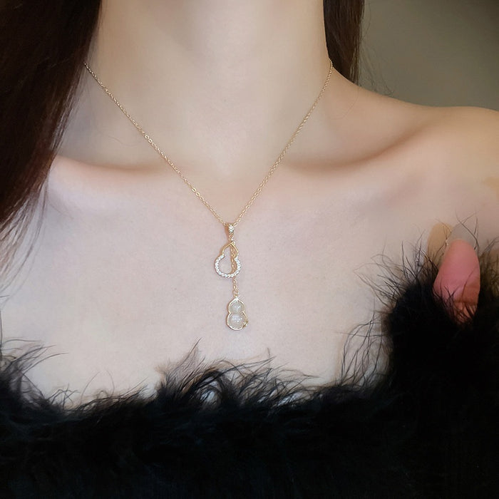 Gold Plated Copper Zircon Gourd Pendant Necklace, New Chinese Style Geometric Clavicle Jewelry