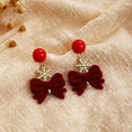 Red Flocked Bow Snowflake Drop Earrings For Women Elegant New Year Alloy Sweet Statement Earrings view 3