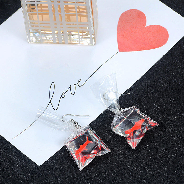 Clear Water Bag and Color Fish Novelty Hook Earrings
