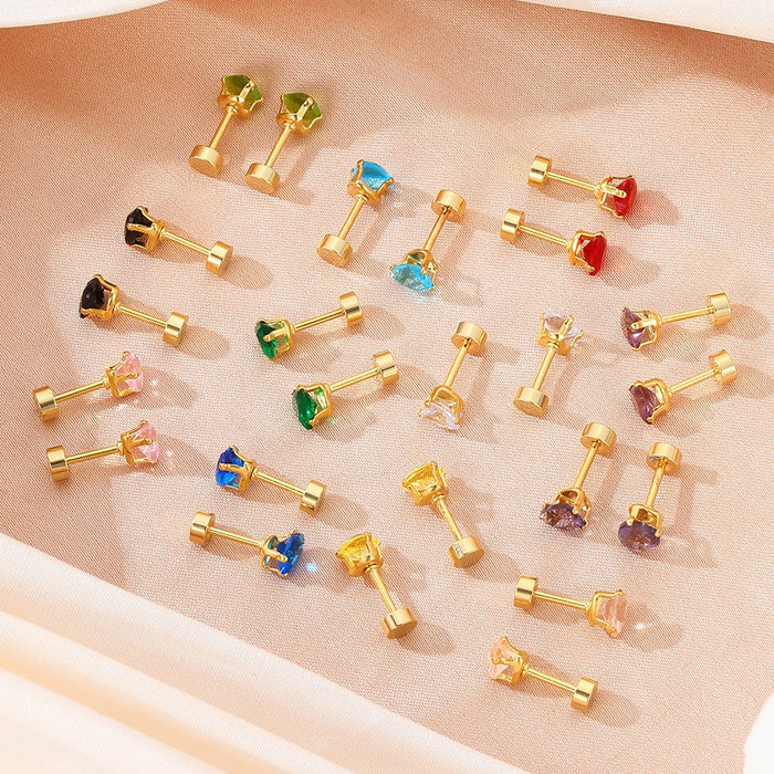 Elegant Korean Colorful Heart Zircon Screw Back Studs Gold Plated Minimalist Fashion Women Earrings