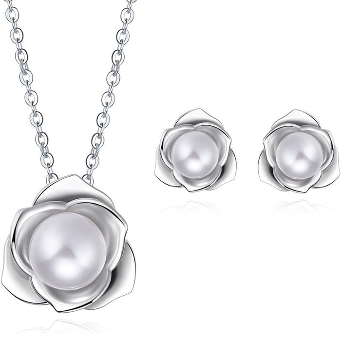 Glossy Pearl Flower Jewelry Set, Elegant Fresh Floral Earrings And Necklace For Pastoral Daily Wear