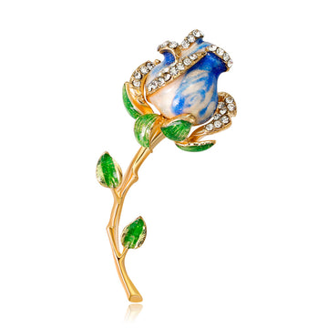 Red Rose Gold Tone Stem and Green Leaf Brooch Pin
