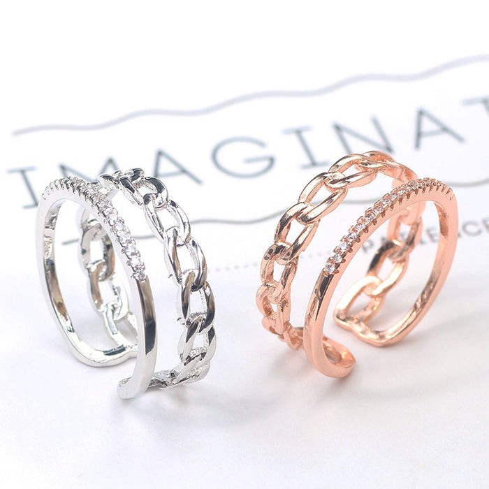 Rose Gold Tone Chain and Clear Look Double Band Open Ring