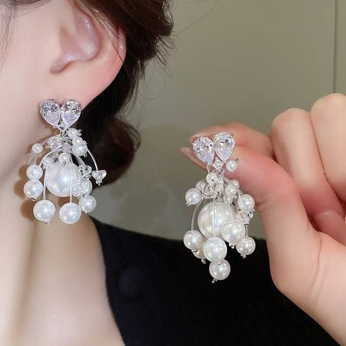 Light Luxury Copper Heart Zircon Pearl Tassel Drop Earrings For Women