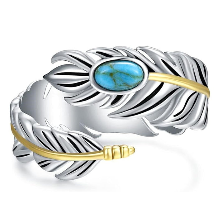 Vintage Feather Ring For Women With Faux Turquoise, Fashion Personality Jewelry Accessory