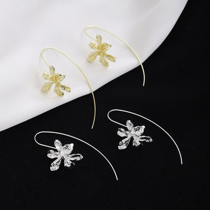 Elegant Gold Silver Alloy Iris Flower Long Ear Hook No Piercing Lightweight Chinese Style Earrings