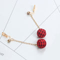 Red Plaid Fabric Ball Long Dangle Screw Clip Earrings view 6