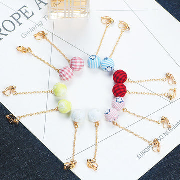 Colorful Plaid Fabric Ball Long Dangle Screw Clip Earrings