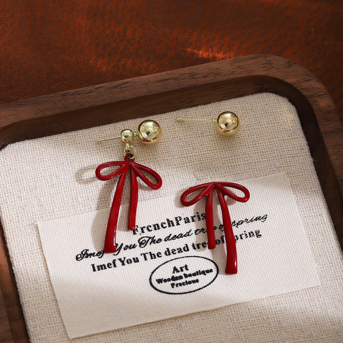 Light Luxury Red Enamel Bowknot Two-Way Gold Ball Stud Drop Earrings