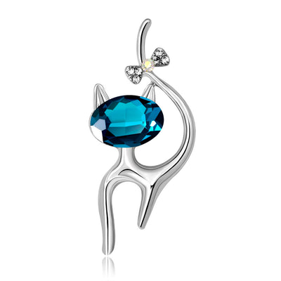 Front product view of the blue crystal cat brooch pin in silver and aqua