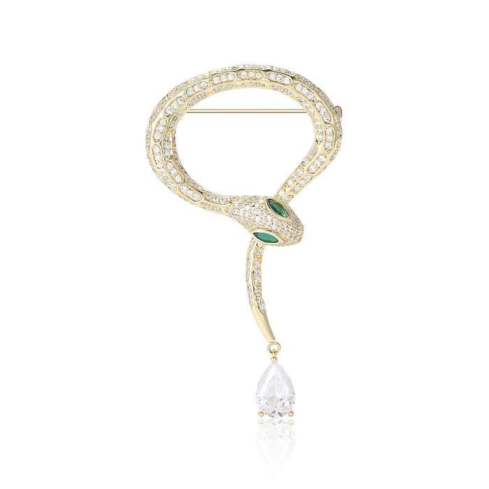Copper Zircon Snake Brooch With Tail Biting Design