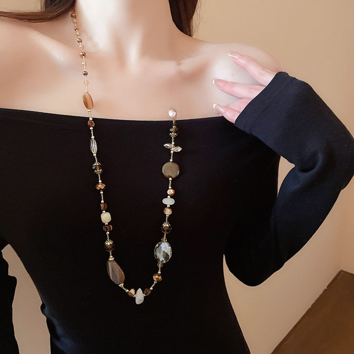 Maillard White Jade Agate Beaded Copper Sweater Necklace For Women, Geometric Round Luxury Style