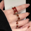 Light Luxury Copper Bangle With Red Enamel Zircon Geometric Open Ring Design view 4