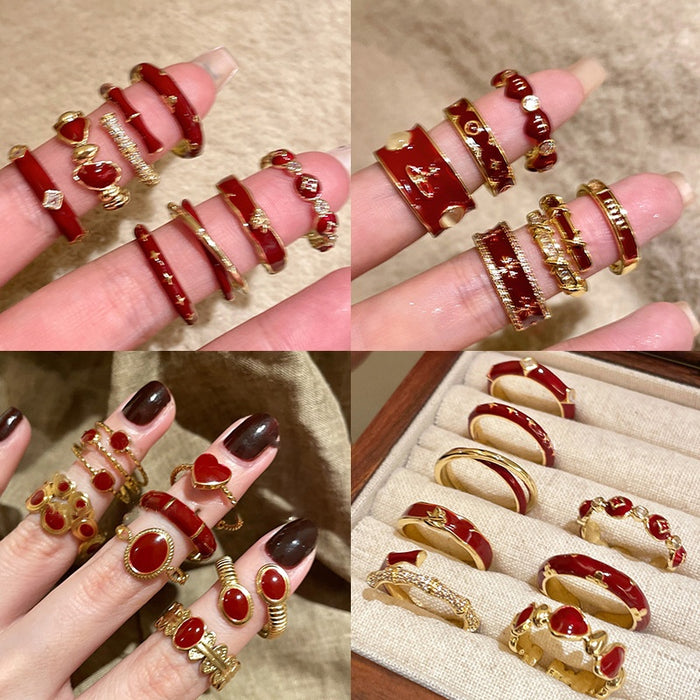 Light Luxury Copper Bangle With Red Enamel Zircon Geometric Open Ring Design