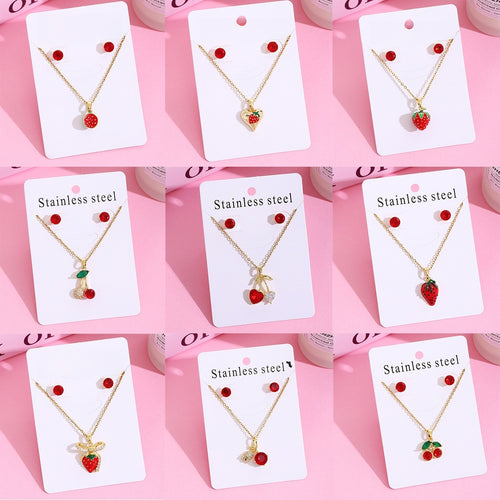 Korean Japanese Strawberry Cherry Micro Pave Necklace Stud Earrings Set 304 Stainless Steel