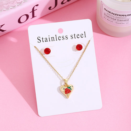 Korean Japanese Strawberry Cherry Micro Pave Necklace Stud Earrings Set 304 Stainless Steel