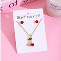 Korean Japanese Strawberry Cherry Micro Pave Necklace Stud Earrings Set 304 Stainless Steel view 4