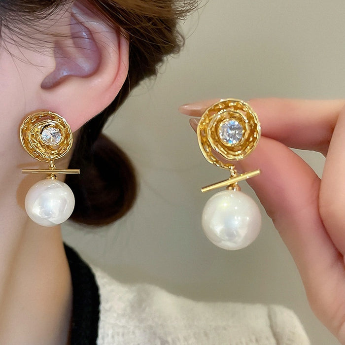 Gold Plated Silver Pin Zircon Flower Faux Pearl Stud Earrings Vintage Luxury Jewelry For Women