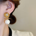 Gold Plated Silver Pin Zircon Flower Faux Pearl Stud Earrings Vintage Luxury Jewelry For Women view 3