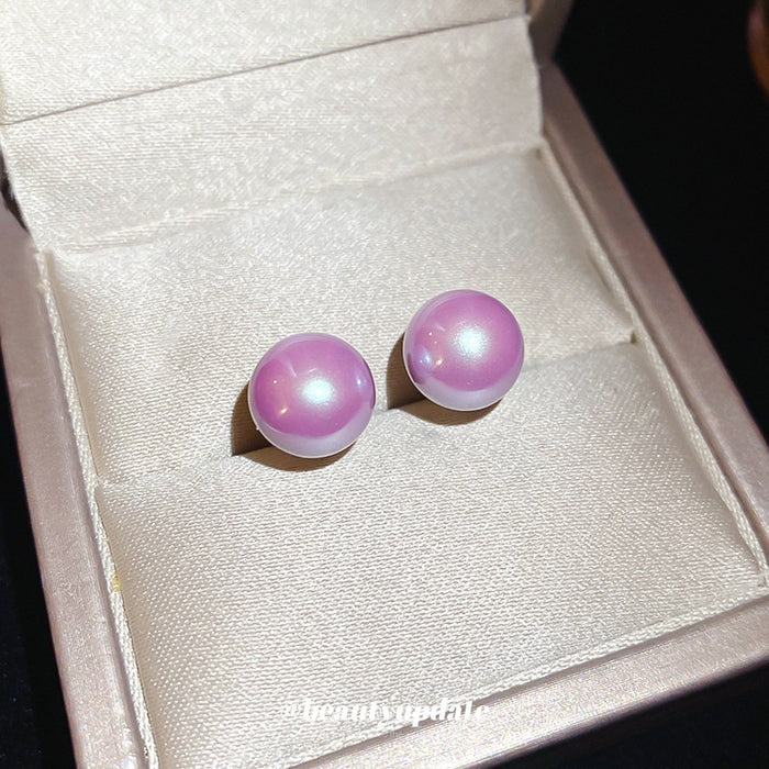 Gold Plated Silver Pin Purple Faux Pearl Stud Earrings, Round Geometric Light Luxury Style
