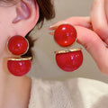 Light Luxury Vintage Red Round Pearl Copper Stud Earrings For Women view 3