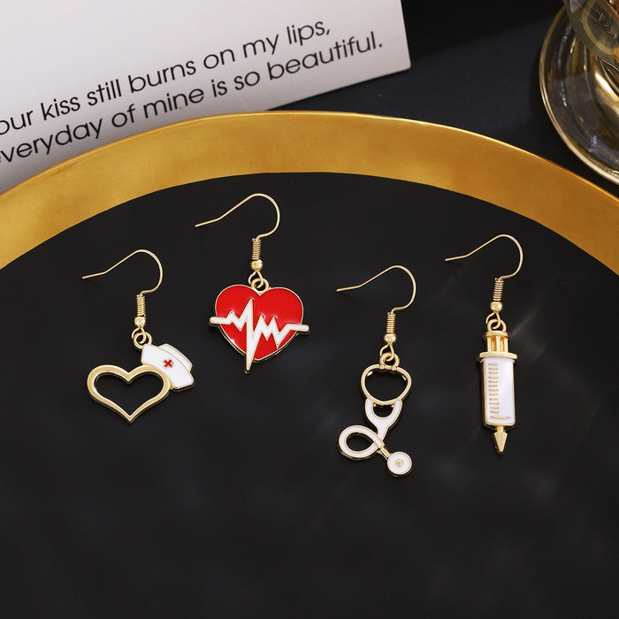 Medical Theme Red Heart ECG Syringe Stethoscope Enamel Alloy Drop Dangle Women's Fashion Earrings