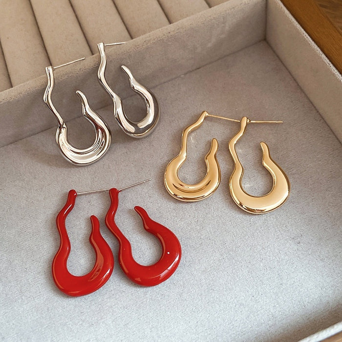 Minimalist Alloy Silver Needle Flame Gourd J Shape Stud Earrings For Women Light Luxury Geometric Style