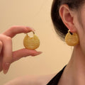 European American Retro Copper Woven Hollow Geometric Round Clip On Earrings With Elegant High End Style view 1