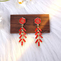 Light Luxury Chinese New Year Red Enamel Fu Character Firecracker Alloy Stud Dangle Drop Earrings view 1
