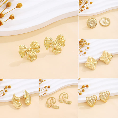 Vintage Stainless Steel Heart Flower Wrinkle Bow Stud Earrings For Women Light Luxury Jewelry