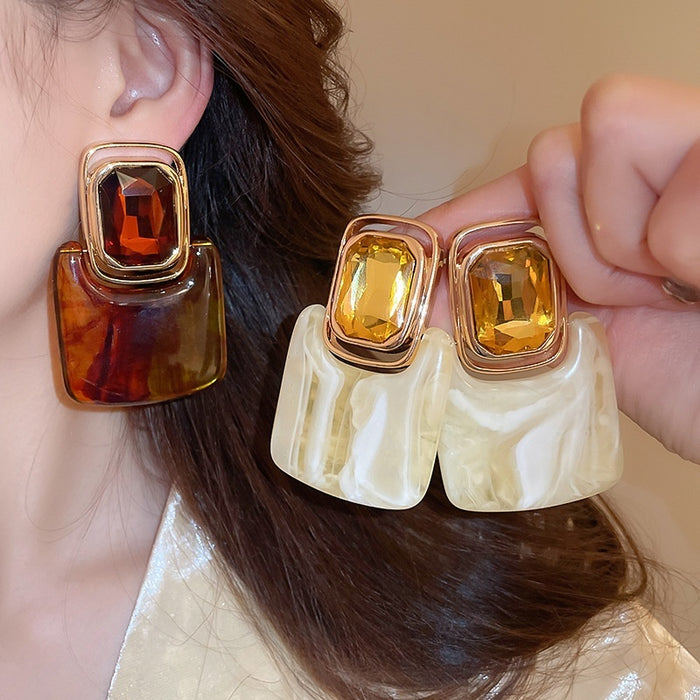 Chic Geometric Gradient Resin Stud Earrings With Rhinestone Square Design And Silver Posts