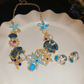 Rhinestone Enamel Starfish Shell Coral Stud Earrings Necklace Jewelry Set, Luxury Coastal Style view 2